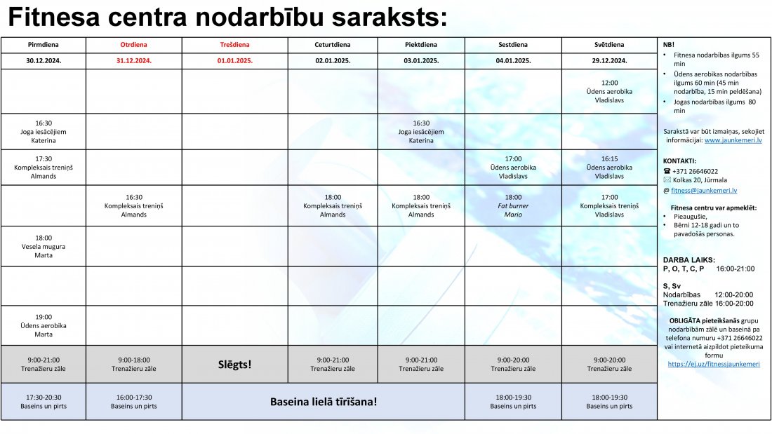 Nodarbību saraksts no 30.12.2024. līdz 5.01.2025