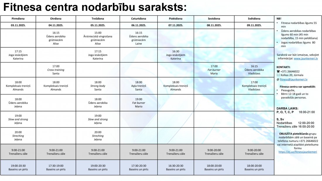 Nodarbību saraksts no 3.11.2025. līdz 9.11.2025.