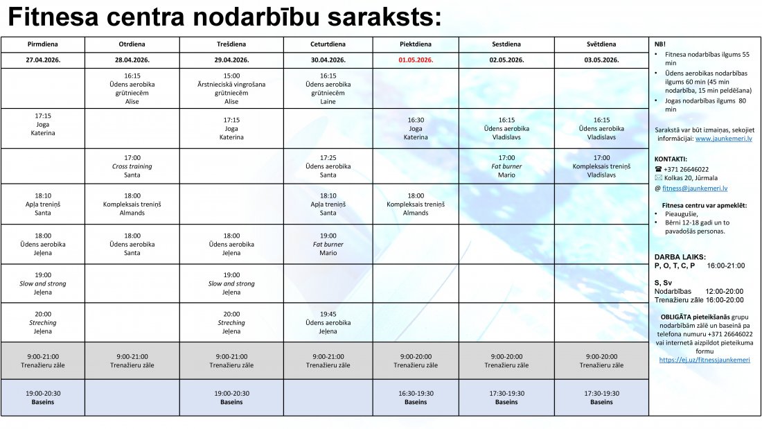 Nodarbību saraksts no 27.04.2026. līdz 3.05.2026.