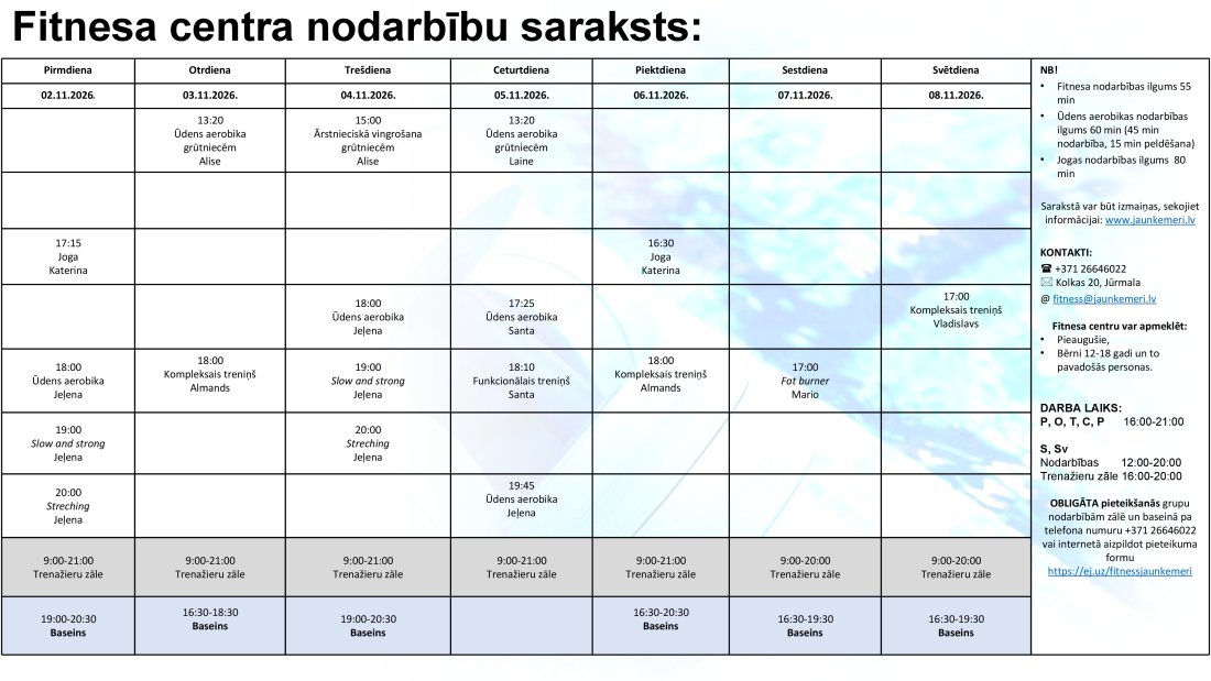Nodarbību saraksts no 2.11.2026. līdz 8.11.2026.