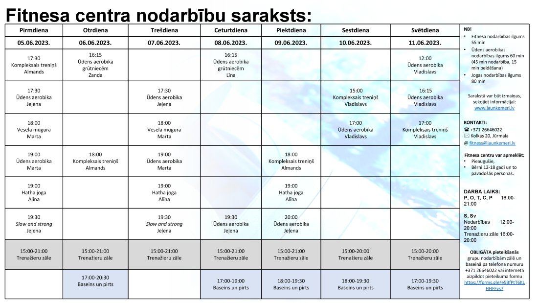 nodarbību saraksts no 05.06. līdz 11.06.2023