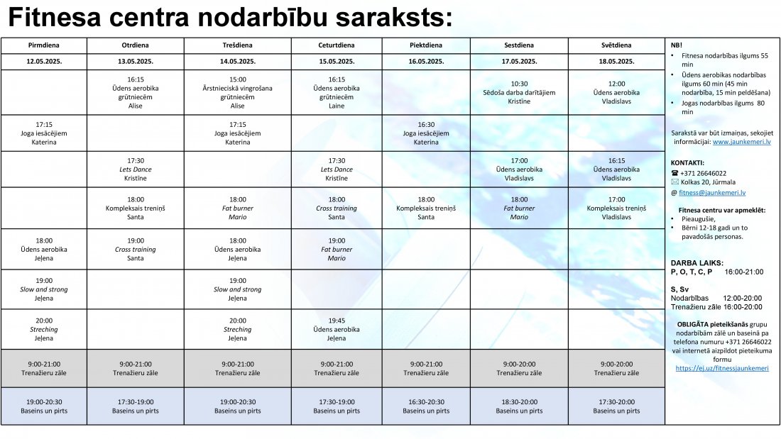 Nodarbību grafiks no 12.05.2025. līdz 18.05.2025.