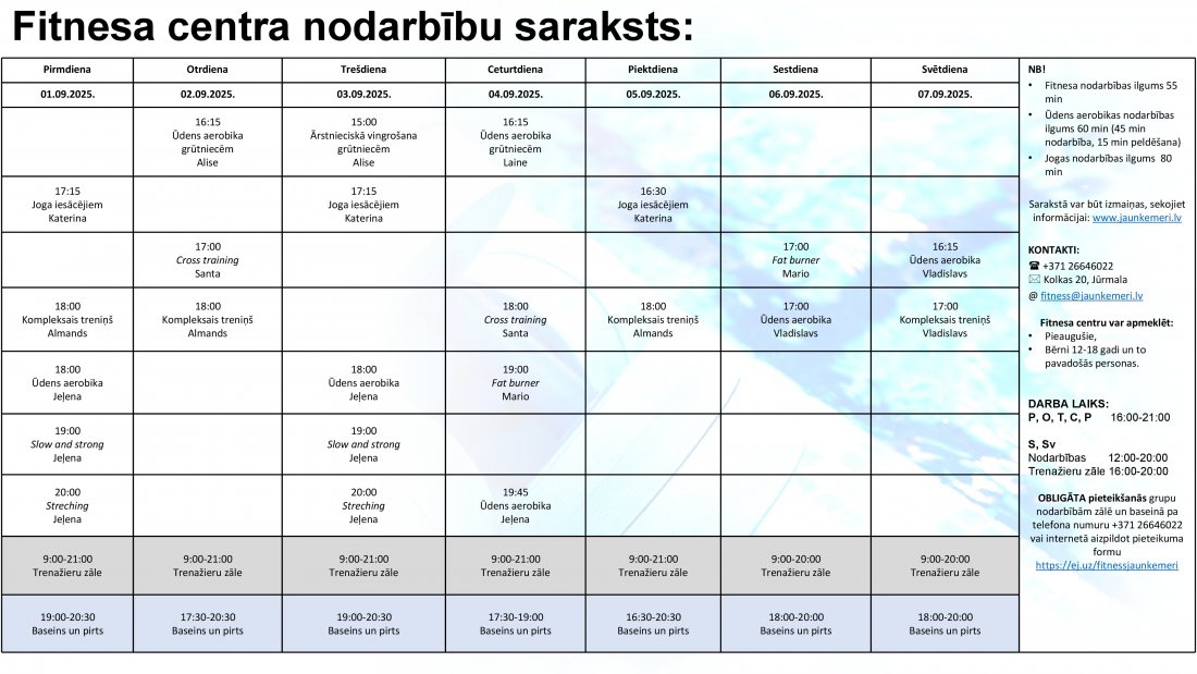 Nodarbību saraksts no 1.09.2025. līdz 7.09.2025.