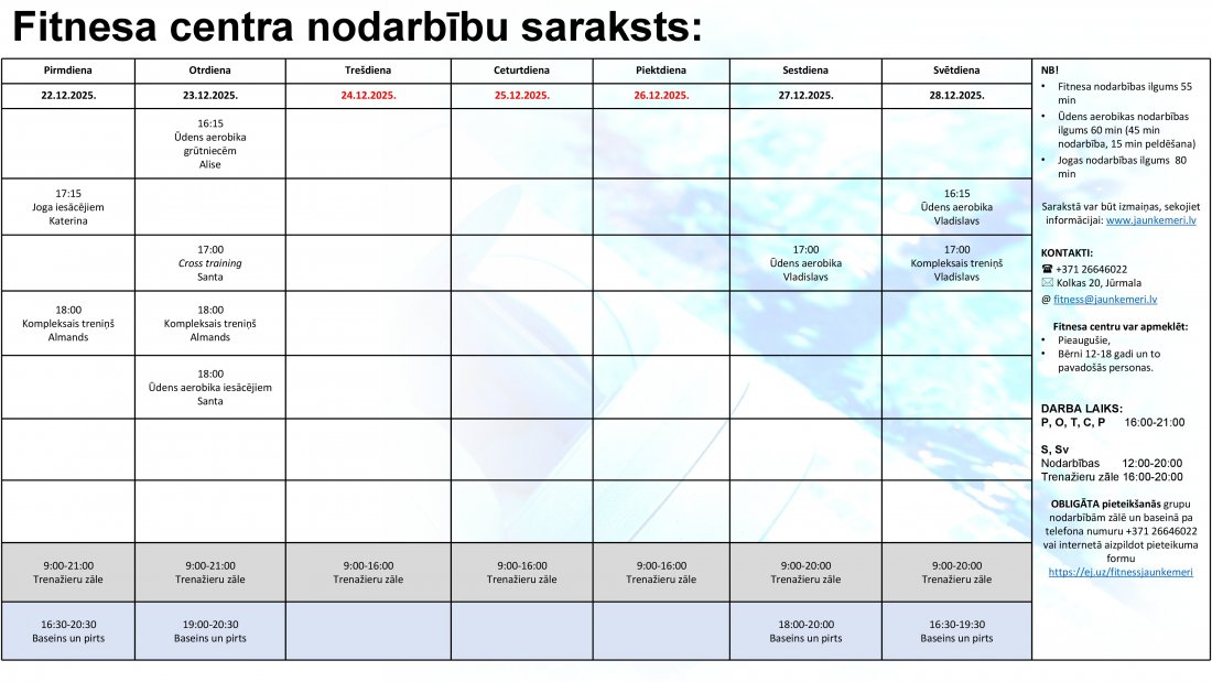 Nodarbību saraksts no 22.12.2025. līdz 28.12.2025.
