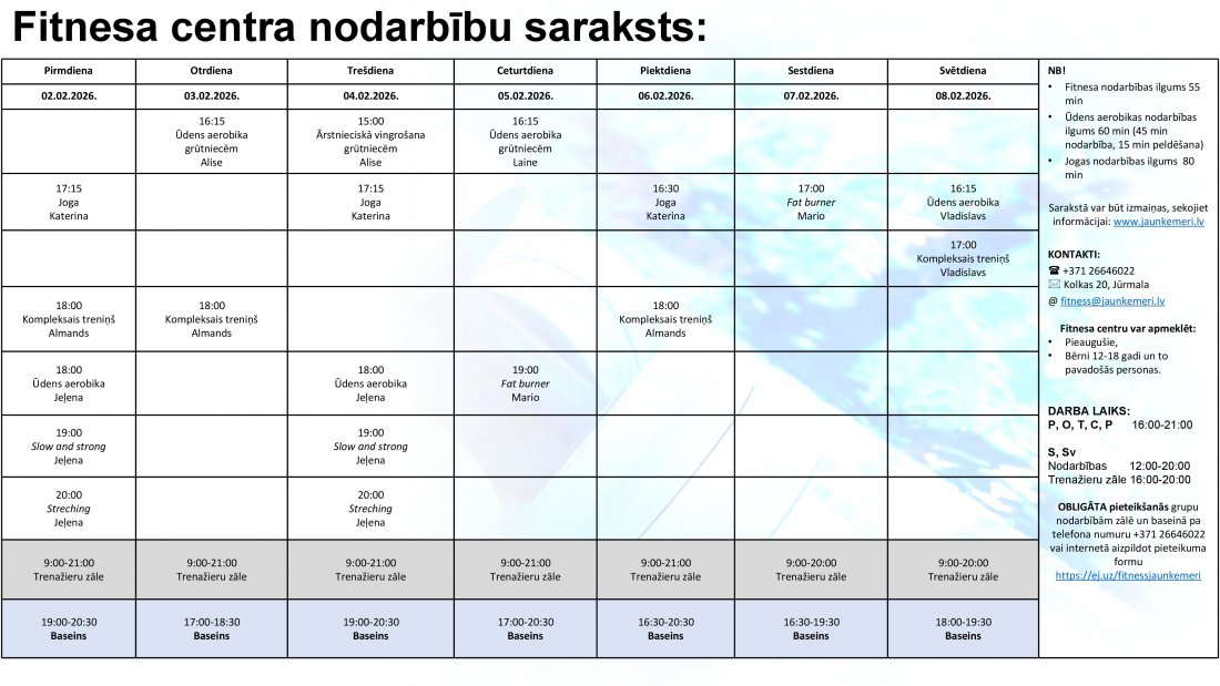 Nodarbību saraksts no 2.02.2026. līdz 8.02.2026.