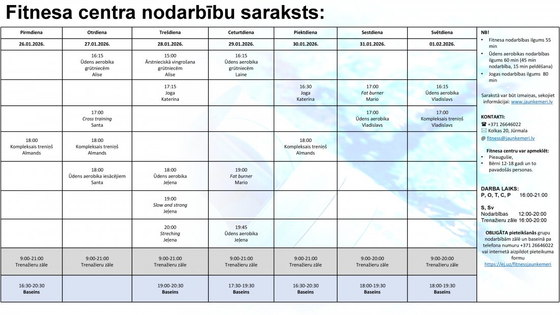 Nodarbību saraksts no 26.01.2026. līdz 1.02.2026.