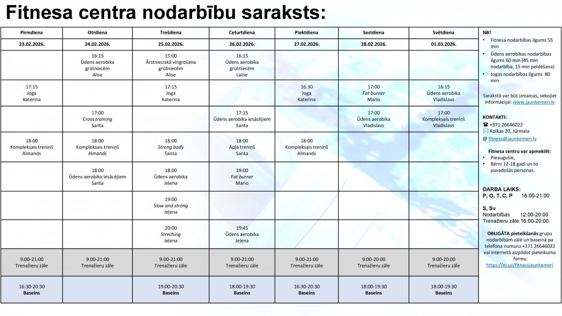 Nodarbību saraksts no 23.02.2026. līdz 1.03.2026