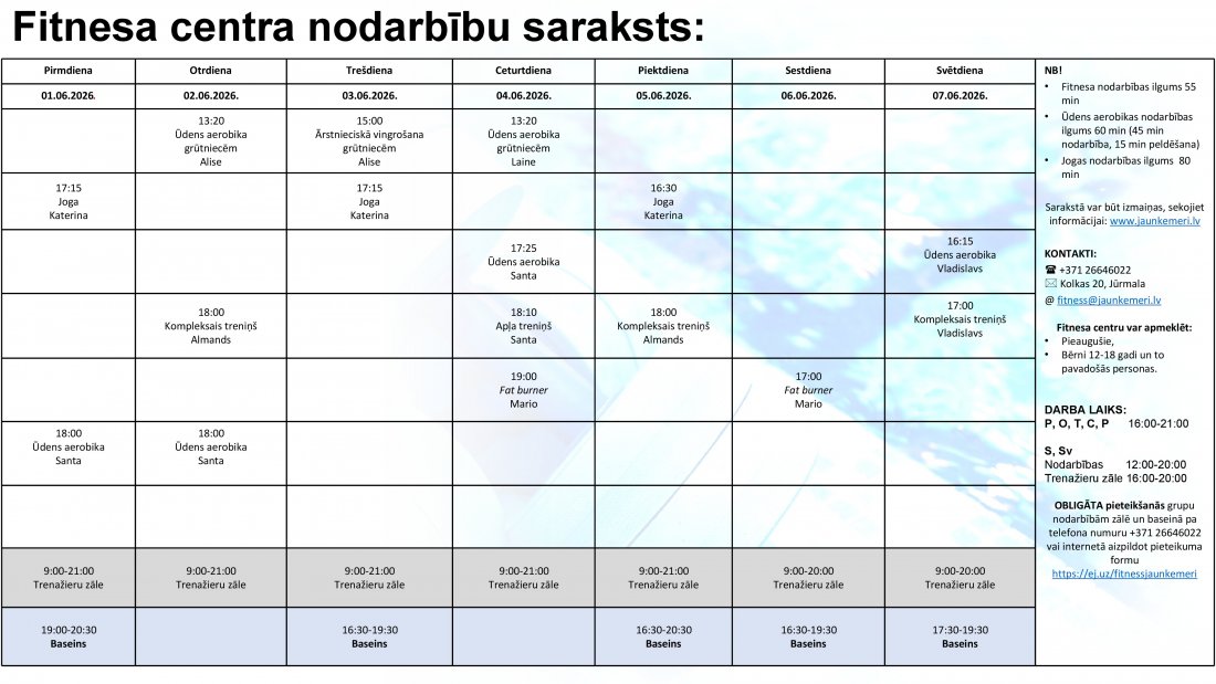 Nodarbību saraksts no 1.06.2026. līdz 7.06.2026.