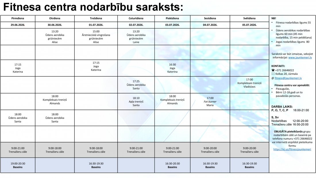 Nodarbību saraksts no 29.07.2026. līdz 5.07.2026.