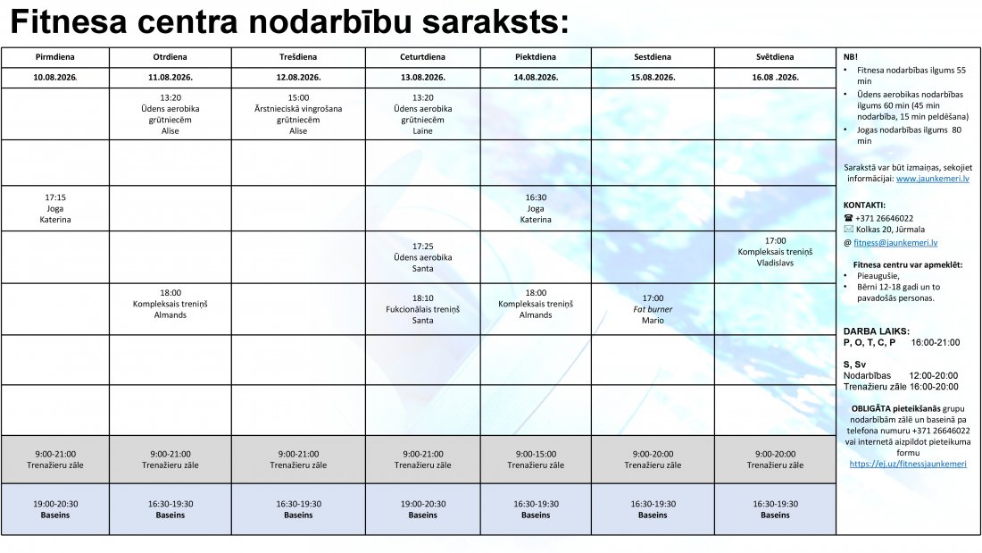 Nodarbību saraksts no 10.08.2026. līdz 16.08.2026.