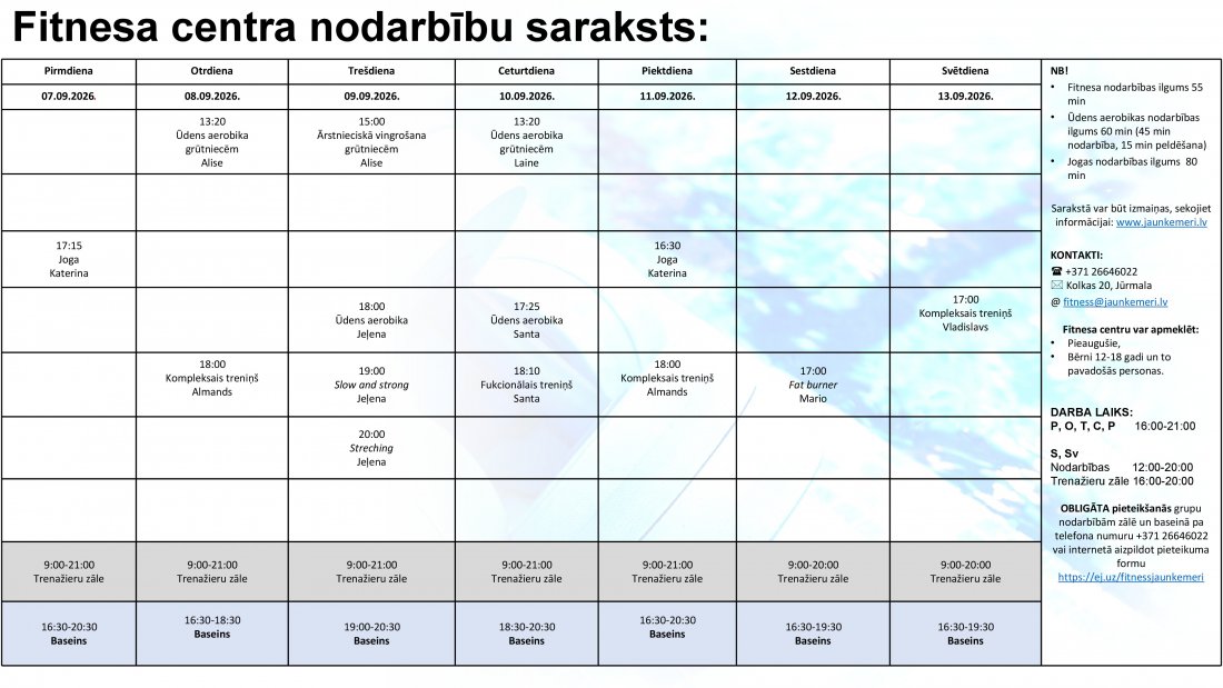 Nodarbibu saraksts no 7.09.2026. līdz 13.09.2026.