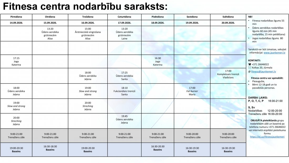 Nodarbību saraksts no 14.09.2026. līdz 20.09.2026.
