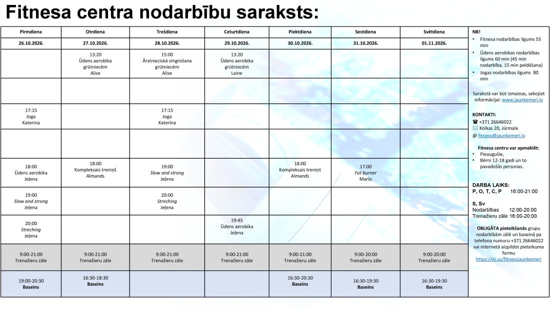 Nodarbību saraksts no 26.11.2026. līdz 1.11.2026.